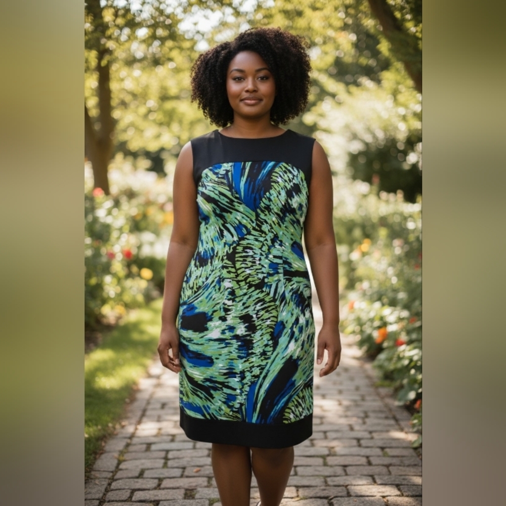 Liz Claiborne Black and Green Abstract Midi Dress